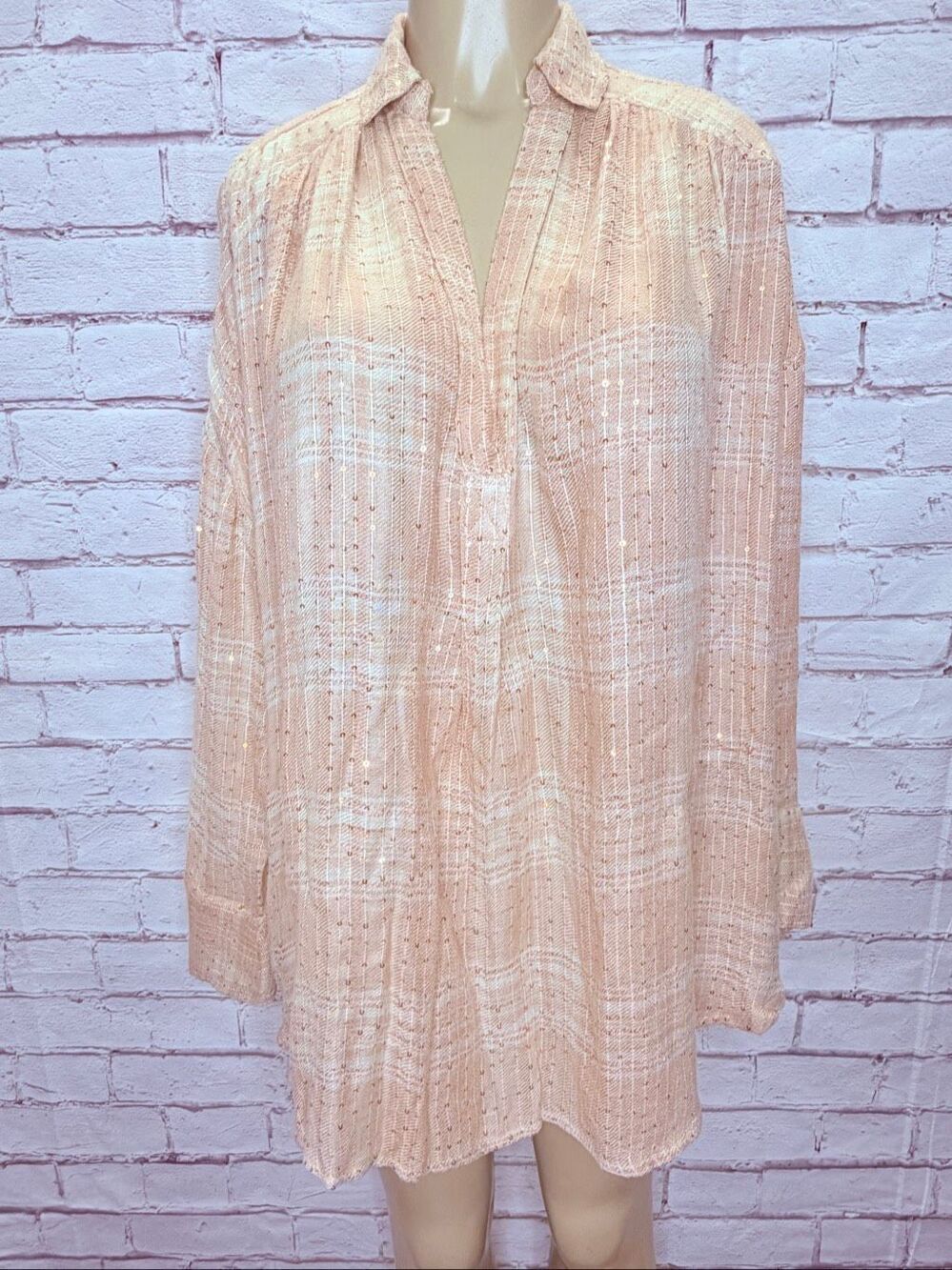 Free People Womens Dusty Rose Gold Sequin Plaid Fearless Love Tunic Top Small